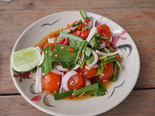 Egg yolk salad on a plate Placed on the dining table