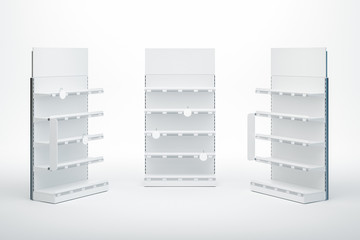 3D image set of grocery retail shelving with different staying angle and with toppers, stoppers, wobblers and shelf talkers with price tags on isolated background