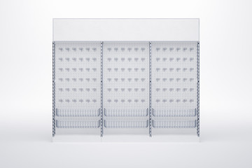 3D image of grocery shelves racks with hooks and metal grid basket for instruments and other products. Also it has topper.