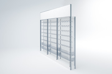 3D image side view of grocery shelves racks with hooks and metal grid basket for instruments and other products. Also it has topper.