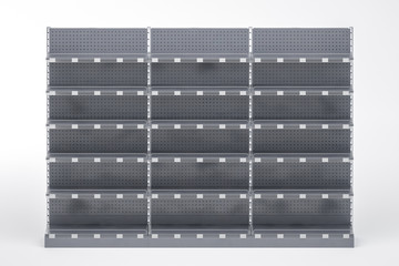 3D image of three black supermarket showcase displays with shelves, shelf talkers with price tags and shelf protection