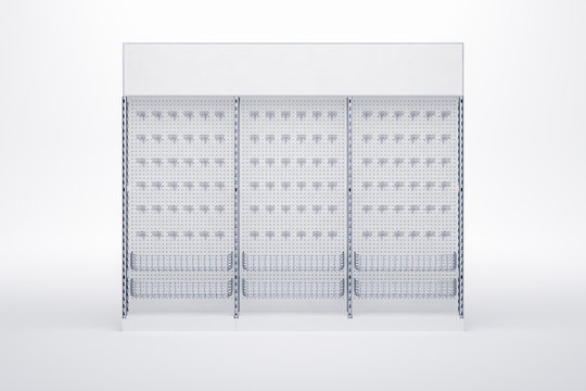 3D image of grocery shelves racks with hooks and metal grid basket for instruments and other products. Also it has topper.