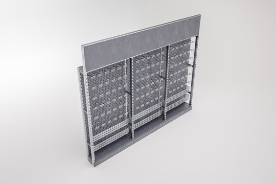3D image top side view of black grocery shelves racks with hooks and metal grid basket for instruments and other products. Also it has topper.
