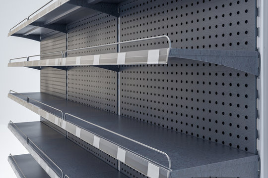 3D image of supermarket grocery black shelving mockup in close up view with shelf talkers, shelf protection, price tags and place for shelf tape