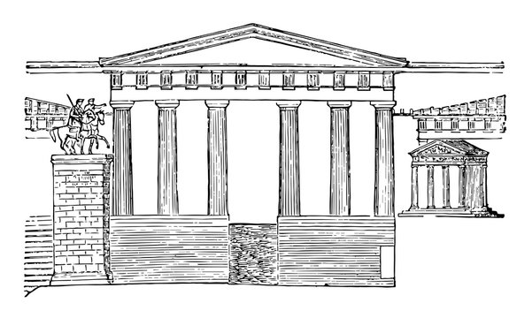Propylea restored,  Temple of Nike Apteros, vintage engraving.