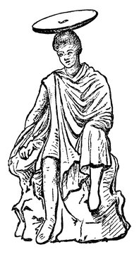 Terracotta Figure are wearing Chlamys and Chiton, vintage engraving.
