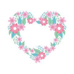 Fototapeta na wymiar heart of flowers pink with branches and leafs vector illustration design