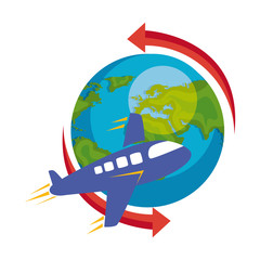 world planet earth with airplane and arrows vector illustration design