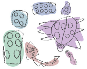 Cute worms-snakes in the form of seals, cats, unicorns, beetles, birds , microbes, bacteria, eggs (coloring pages for children and adults)