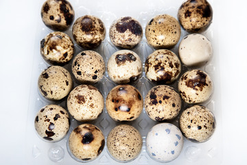textured small quail eggs in a tray, top view. healthy ecological diet food