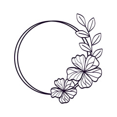 frame circular of flowers with branch and leafs line style vector illustration design