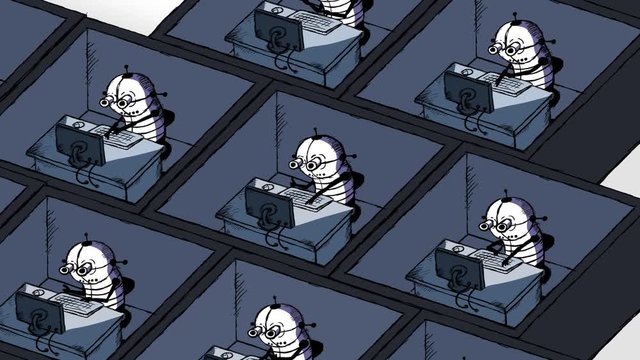AI lettering version cartoon animation. Robots working in office as employees in cubicles. Artificial intelligence replacing simple work. Many people may become workless. Future unemployment.