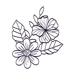 cute flowers with leafs line style icon vector illustration design