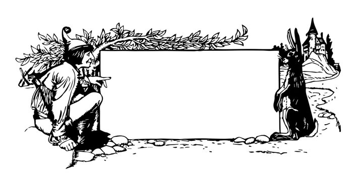 Pictorial banner have a Man and rabbit, vintage engraving.