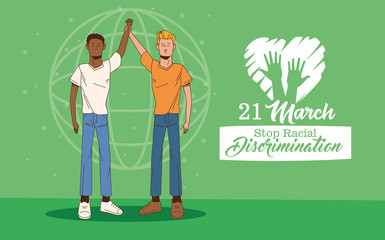 stop racism international day poster with interracial men characters