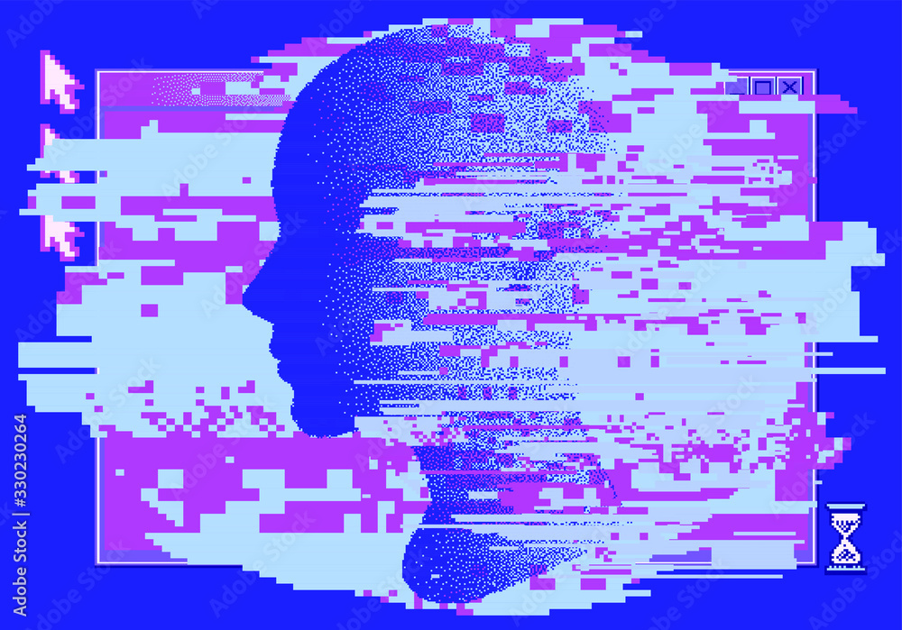 Poster human head made of particles on glitched and pixelated background. concept illustration of artificia