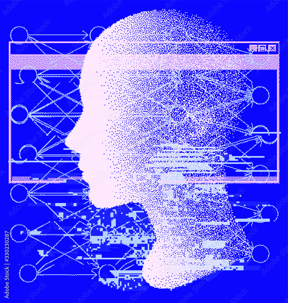 Poster pixel art illustration with human head made of particles. concept illustration of artificial intelli
