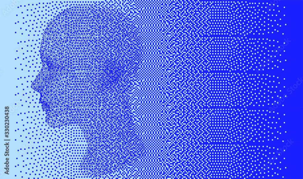 Poster pixel art illustration with human head made of particles. concept illustration of artificial intelli