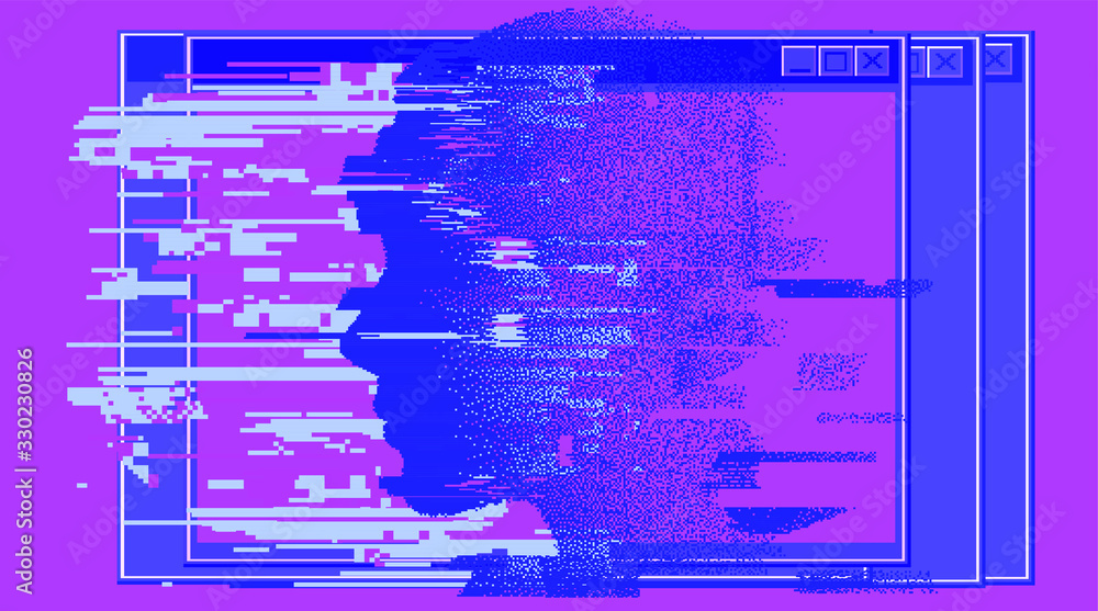 Poster pixel art illustration with human head made of particles. concept illustration of artificial intelli