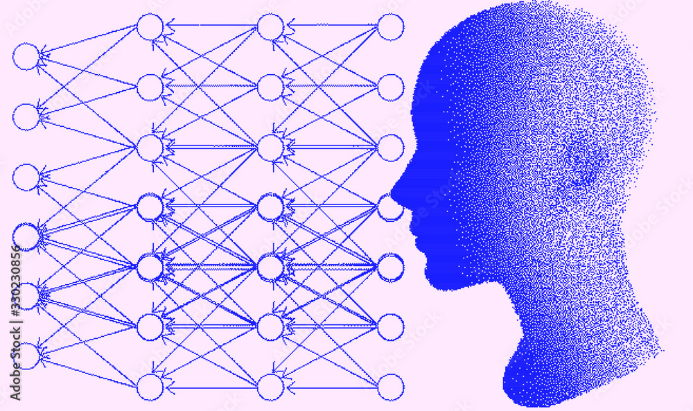 Poster Pixel art illustration with human head made of particles. Concept illustration of Artificial intelligence, Machine learning and Neural Networks.