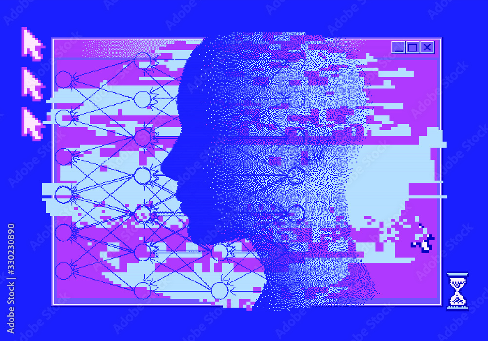 Aufkleber pixel art illustration with human head made of particles. concept illustration of artificial intelli