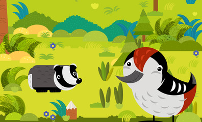 cartoon scene with different european animals in the forest illustration