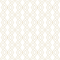Vector golden linear texture. Geometric seamless pattern with diamond shapes, rhombuses, thin lines. Abstract white and gold graphic ornament. Modern minimalist background. Trendy luxury repeat design