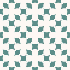 Simple vector geometric seamless pattern. Abstract ornament with curved shapes, squares, rhombuses, repeat tiles. Elegant background texture in white and teal colors. Design for decor, textile, fabric