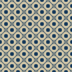 Golden abstract geometric seamless pattern. Elegant vector gold and deep blue background texture. Luxury graphic ornament with small rounded shapes, squares, circles, octagons, grid. Repeating design