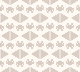 Triangles seamless pattern. Abstract geometric texture in beige and light brown colors. Subtle vector graphic background. Cute ornament with triangles, rhombuses, grid. Repeat design for decor, prints
