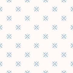 Simple minimalist floral texture. Geometric seamless pattern with small flowers, crosses, snowflakes. Subtle vector abstract background. Light blue and white minimal ornament. Delicate repeat design