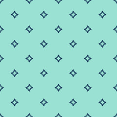 Simple vector geometric seamless pattern with diamond shapes, stars, rhombuses. Subtle minimal turquoise and blue background. Abstract minimalist texture. Repeat design for decor, wallpapers, fabric