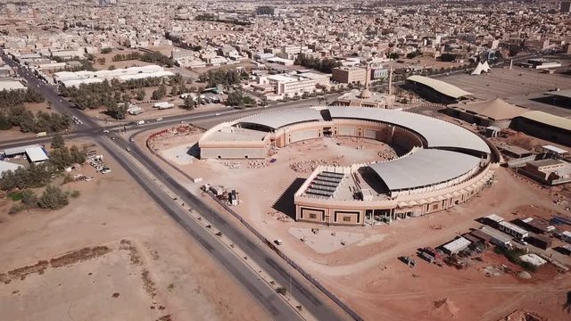 Aerial view of construction site for the Buraidah date market (auction), that takes place yearly in this medium sized city in Saudi Arabia