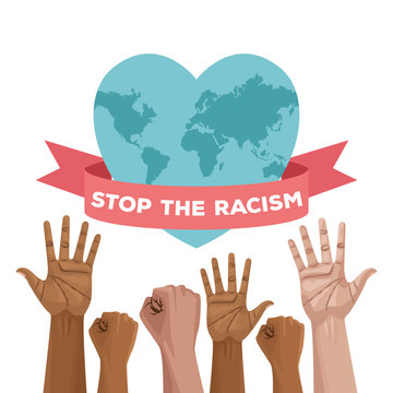 stop racism international day poster with hands and heart planet