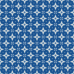 Vector abstract geometric floral seamless pattern. Indigo blue and white background with diamonds, stars, flower shapes, grid. Simple minimal ornament. Graphic texture. Repeat design for fabric, print