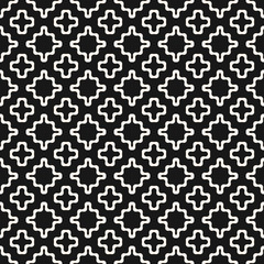 Fototapeta na wymiar Vector geometric seamless pattern with small organic shapes, smooth wavy grid, crosses. Simple abstract background texture in black and white color. Modern monochrome ornament. Dark repeated design