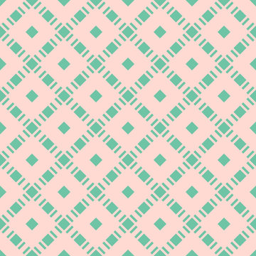 Vector seamless pattern with squares, diamond grid, net, lattice. Abstract checkered geometric texture. Trendy colors, light pink and turquoise. Simple modern ornament background. Repeat geo design