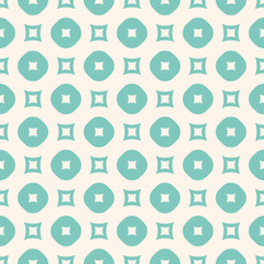Vector geometric seamless pattern in pastel colors, green aqua and beige. Abstract texture with small perforated circles and squares. Simple elegant background. Repeat design for decor, textile, cloth