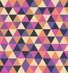 Fototapeta na wymiar Retro Triangle vector seamless pattern. Festive, merry geometric shapes background. Abstract texture for wrapping, wallpaper, textile, leaflet. Orange, Beige, Pink, Blue, Purple mosaic backdrop.