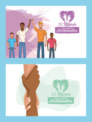stop racism international day poster with interracial men and handshake