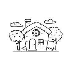 Cute house cartoon vector illustration in black and white line design isolated on white background 