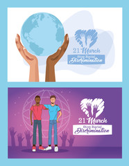 stop racism international day poster with interracial men lifting planet earth