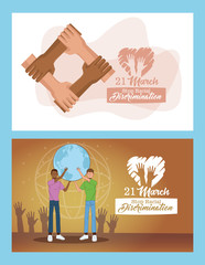 stop racism international day poster with interracial men lifting planet earth