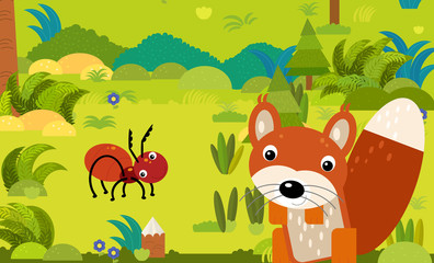 cartoon scene with different european animals in the forest illustration