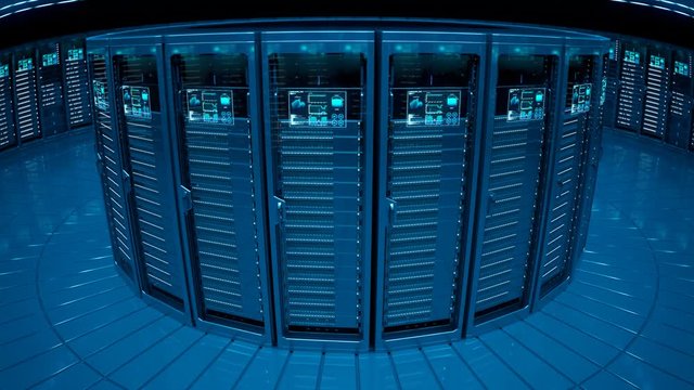Countless modern server cabinets in a render farm. Dark, futuristic room. 4KHD