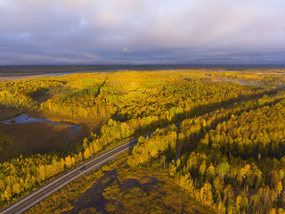 Alaska Route 3 aka George Parks Highway and Alaska landscape aerial view in fall with the morning sun light, at the south of Denali State Park at Susitna North, Alaska AK, USA.