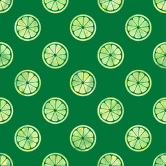 Watercolor sliced ​​limes on green background. Seamless pattern. Watercolor stock illustration. Design for backgrounds, wallpapers, covers, textile, packaging.