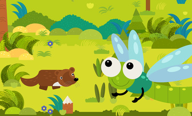 cartoon scene with different european animals in the forest illustration