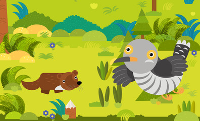 cartoon scene with different european animals in the forest illustration
