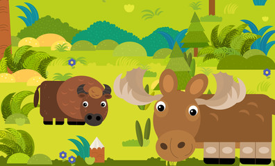 cartoon scene with different european animals in the forest illustration